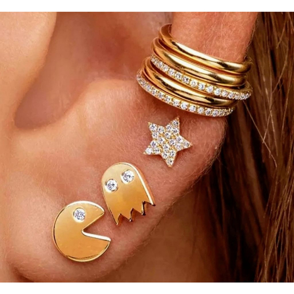 Mismatch 14k‎ Gold Filled Pac-Man Diamond Accent Stud Earrings - Picture 7 of 10